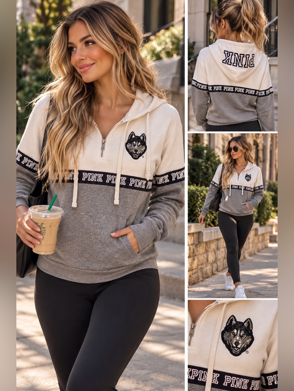 Victoria’s Secret PINK Husky Sequin Colorblock Quarter Zip Hoodie Medium